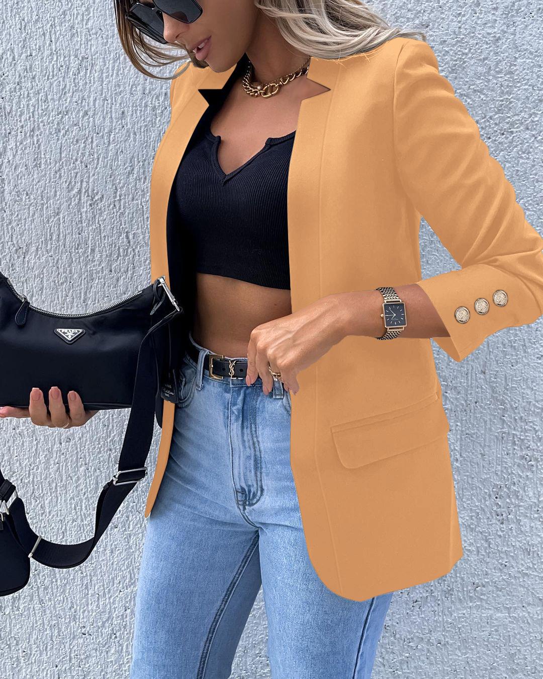 

Blazer informal de oficina con cuello chal, manga larga, diseño de botones, abierto al frente, Orange