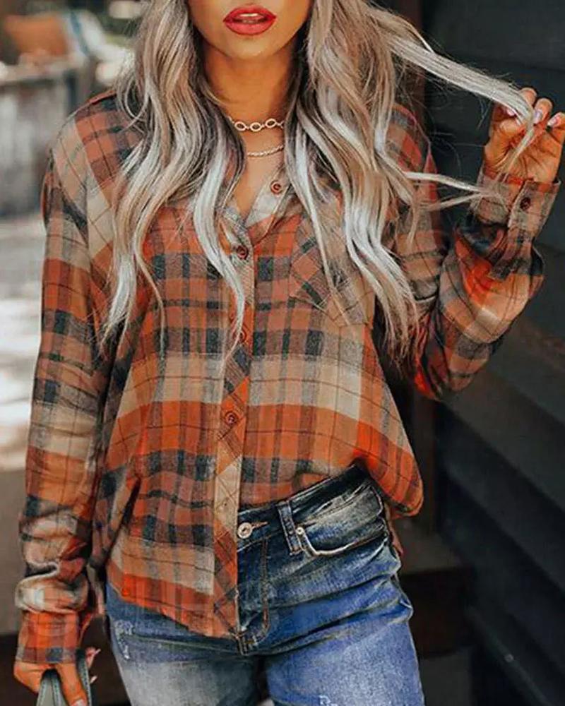 

Plaid Print Long Sleeve Button Down Shirt, Orange