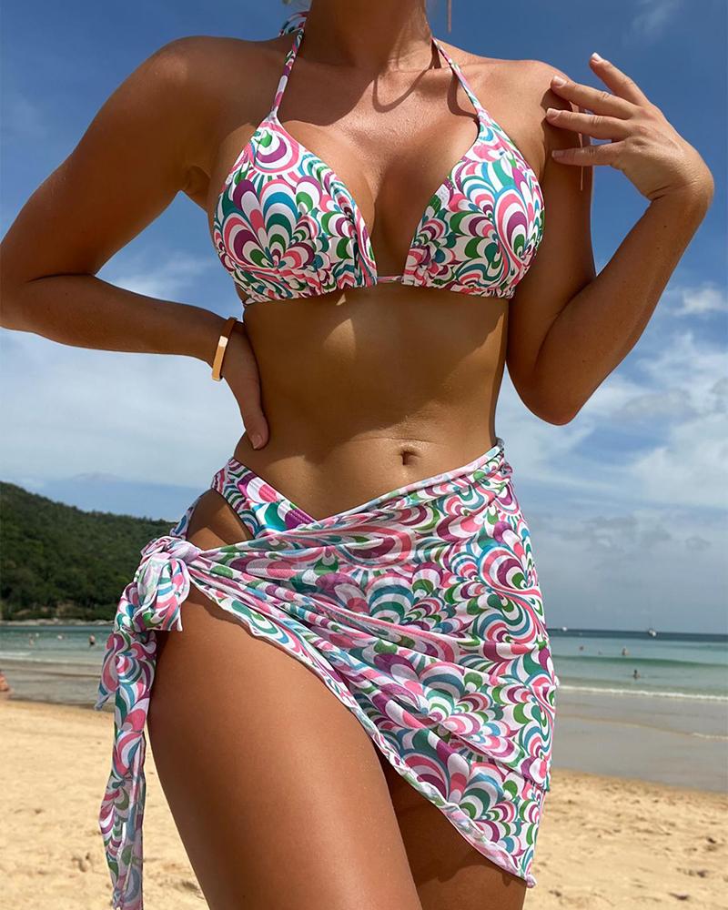 

3PCS All Over Print Halter Bikini Set With Cover Up, White