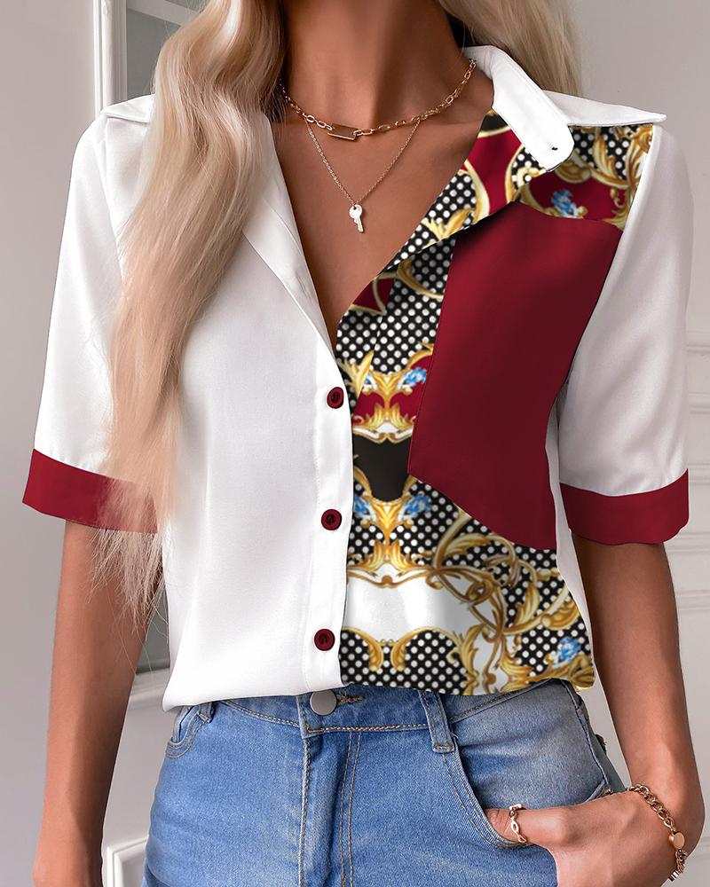 

Colorblock Floral Print Button Front Short Sleeve Shirt, Multicolor