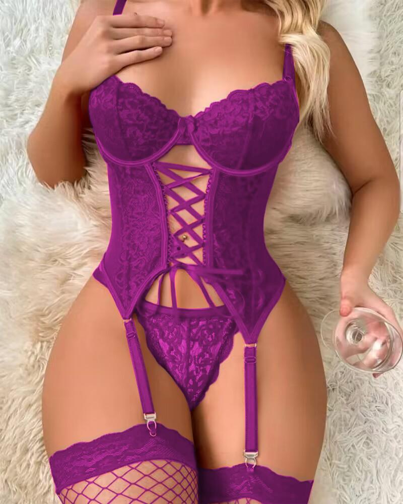 

Bow Decor Lace Garter Bustier Set, Purple