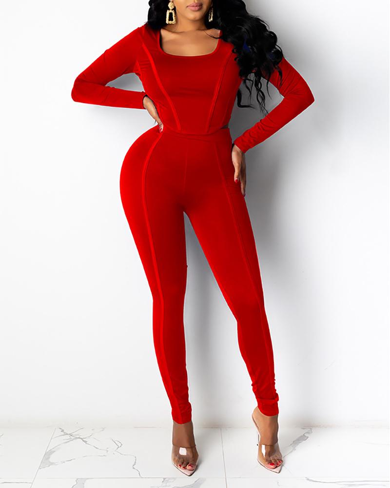 

U-Neck Long Sleeve Top & High Waist Pants Set, Red