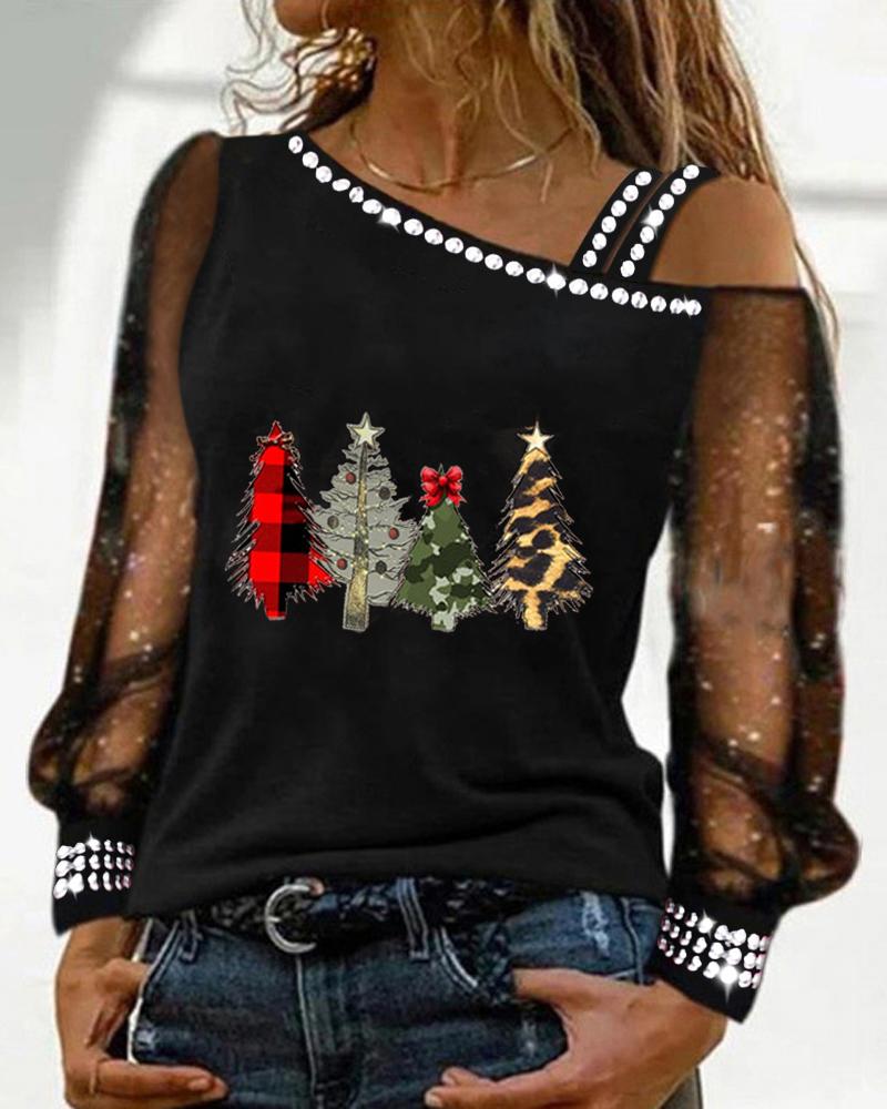 

Christmas Tree Print Studded Sheer Mesh Top, Black