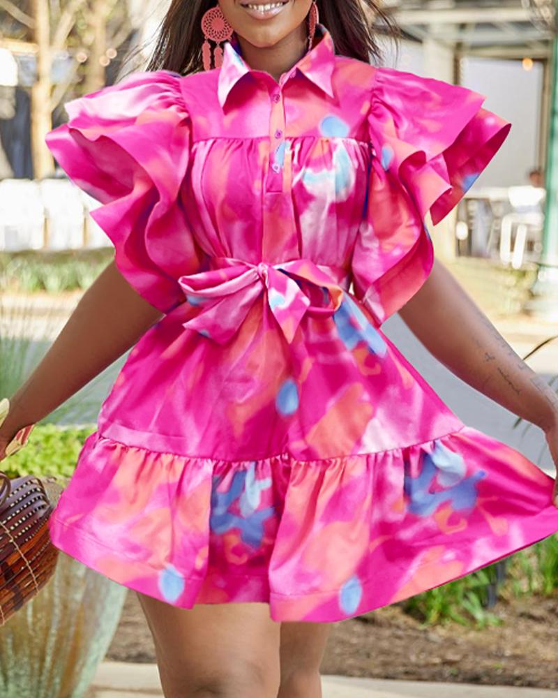 

Tie Dye Print Ruffles Buttoned Shirt Dress, Pink