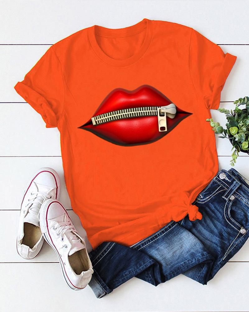 

Plus Size Zipper Lip Print Casual T-shirt, Orange