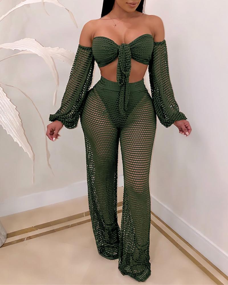 

Crochet Fishnet Tied Detail Top & Wide Leg Pants Set, Green
