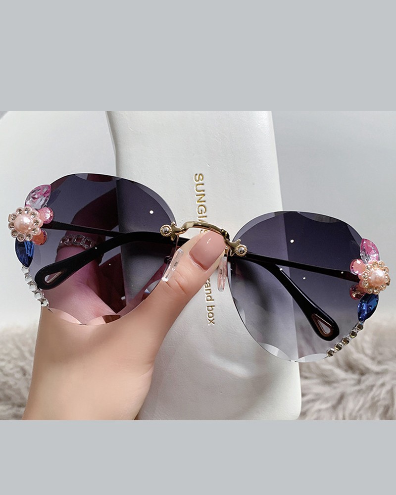 1Pair Rhinestone Tinted Lens Rimless Frame Sunglasses