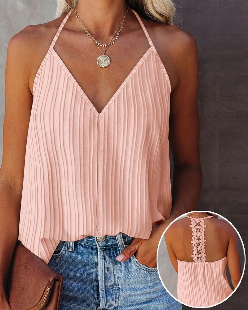 

Blusa casual de alças finas com decote em V e renda contrastante, Pink