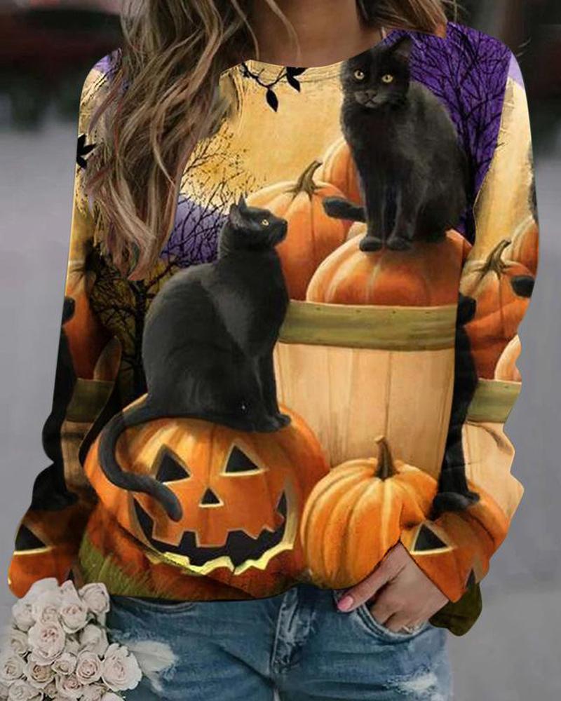 

Halloween Pumpkin Animal Print Long Sleeve Sweatshirt, Purple