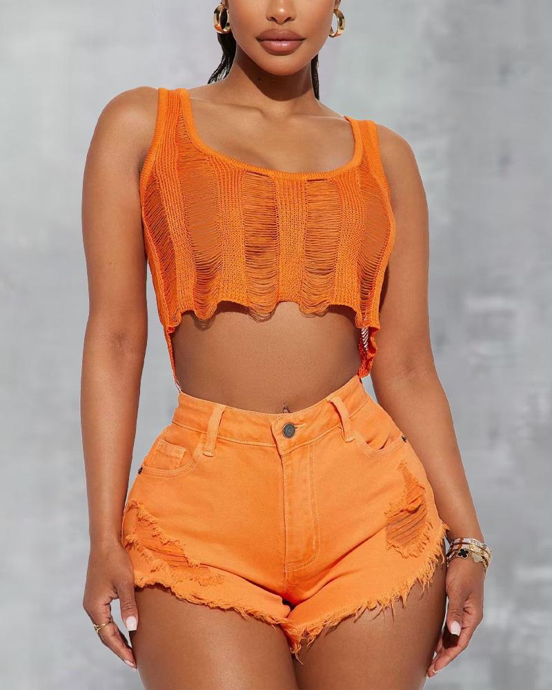 

Ladder Cutout Ripped Denim Shorts, Orange