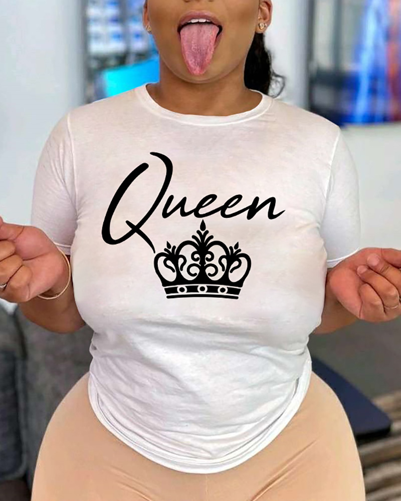 

Crown Letter Print Short Sleeve T-shirt, White
