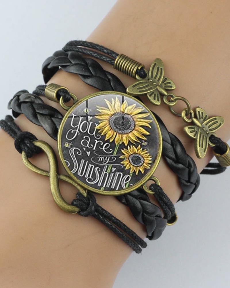 

1pc Sunflower You Are My Sunshine Butterfly Multi-Layer Braided Bracelet, Black