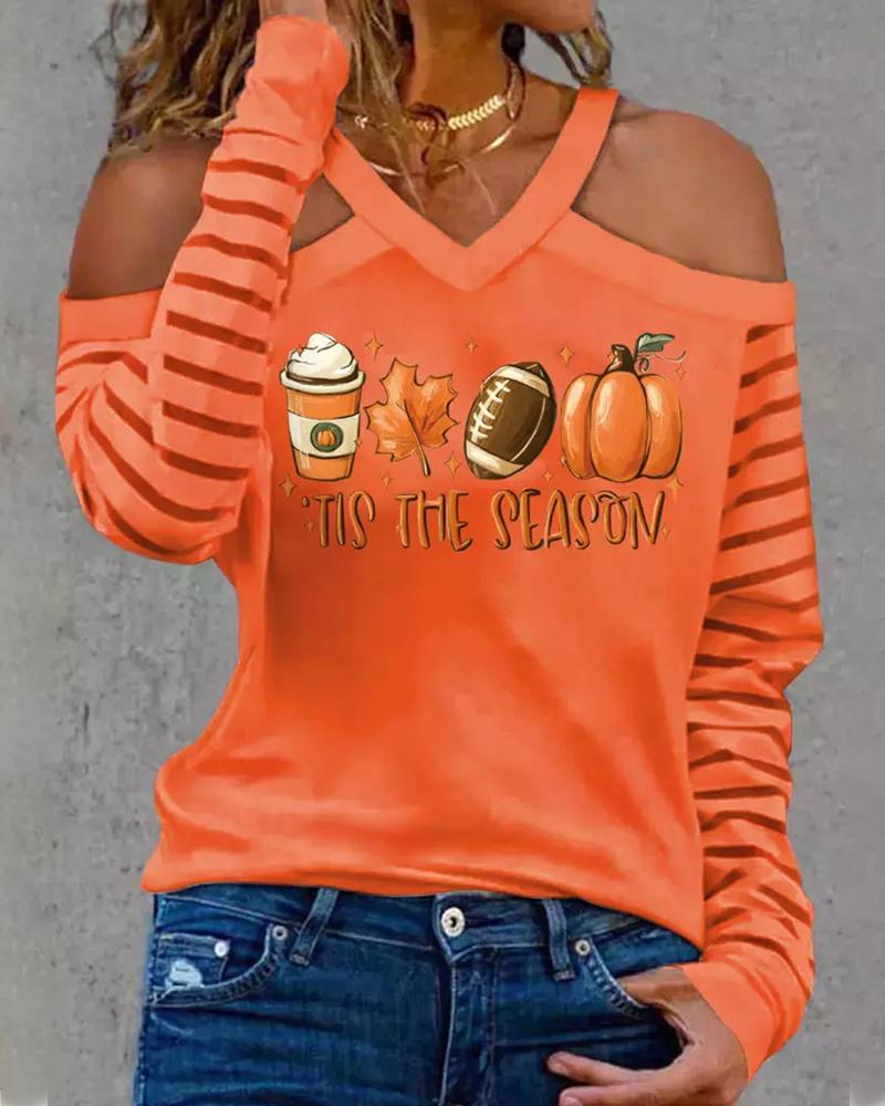 

Tis The Season Pumpkin Football Print Cold Shoulder Top, Orange