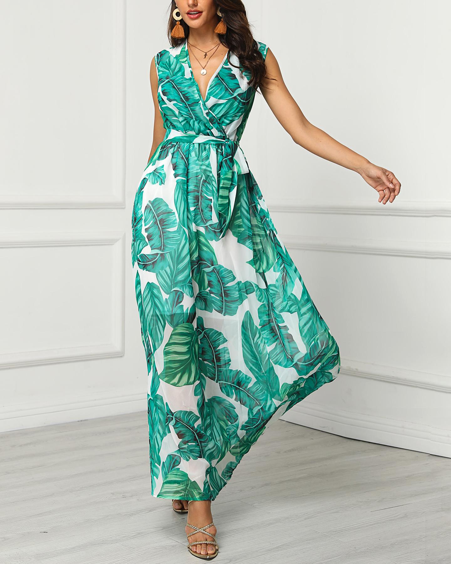 

V-neck Leaf Printed Long Dress, Green