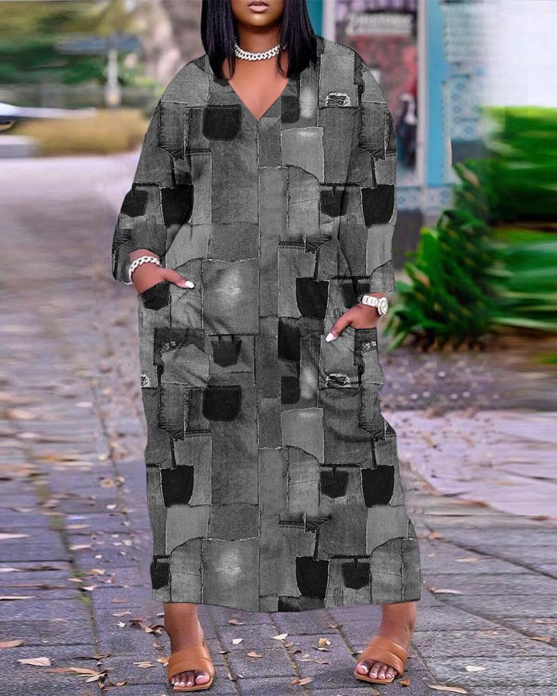 

Plus Size Denim Look Print Pocket Detail Maxi Dress, Gray