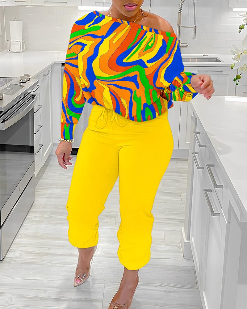 

Multi-Color Abstract Print Skew Neck Top & Pants Set, Yellow