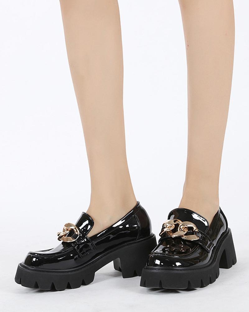 

Shiny Finish Chain Decor Square Toe Loafer Leather Shoes For Women, Black
