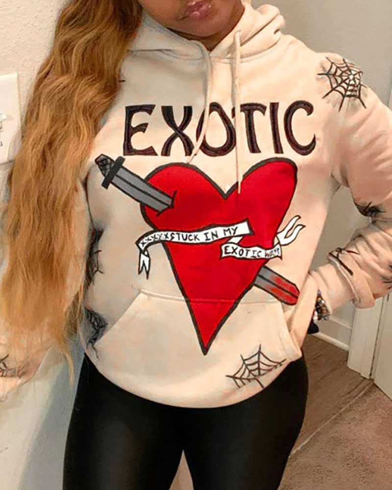 

Letter Heart Print Pocket Design Long Sleeve Hoodie, Khaki