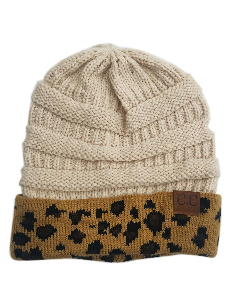 

Leopard Print Colorblock Winter Warm Knit Beanie Hat, Beige