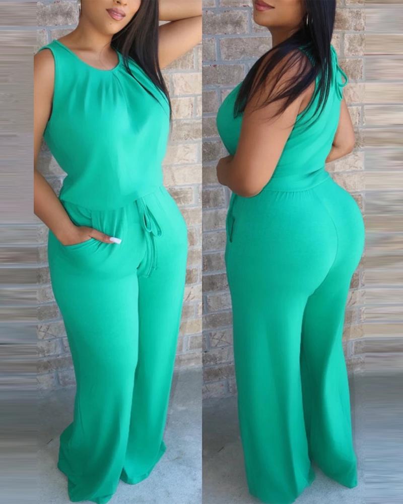 

Sleeveless Pocket Detail Drawstring Jumpsuit, Green