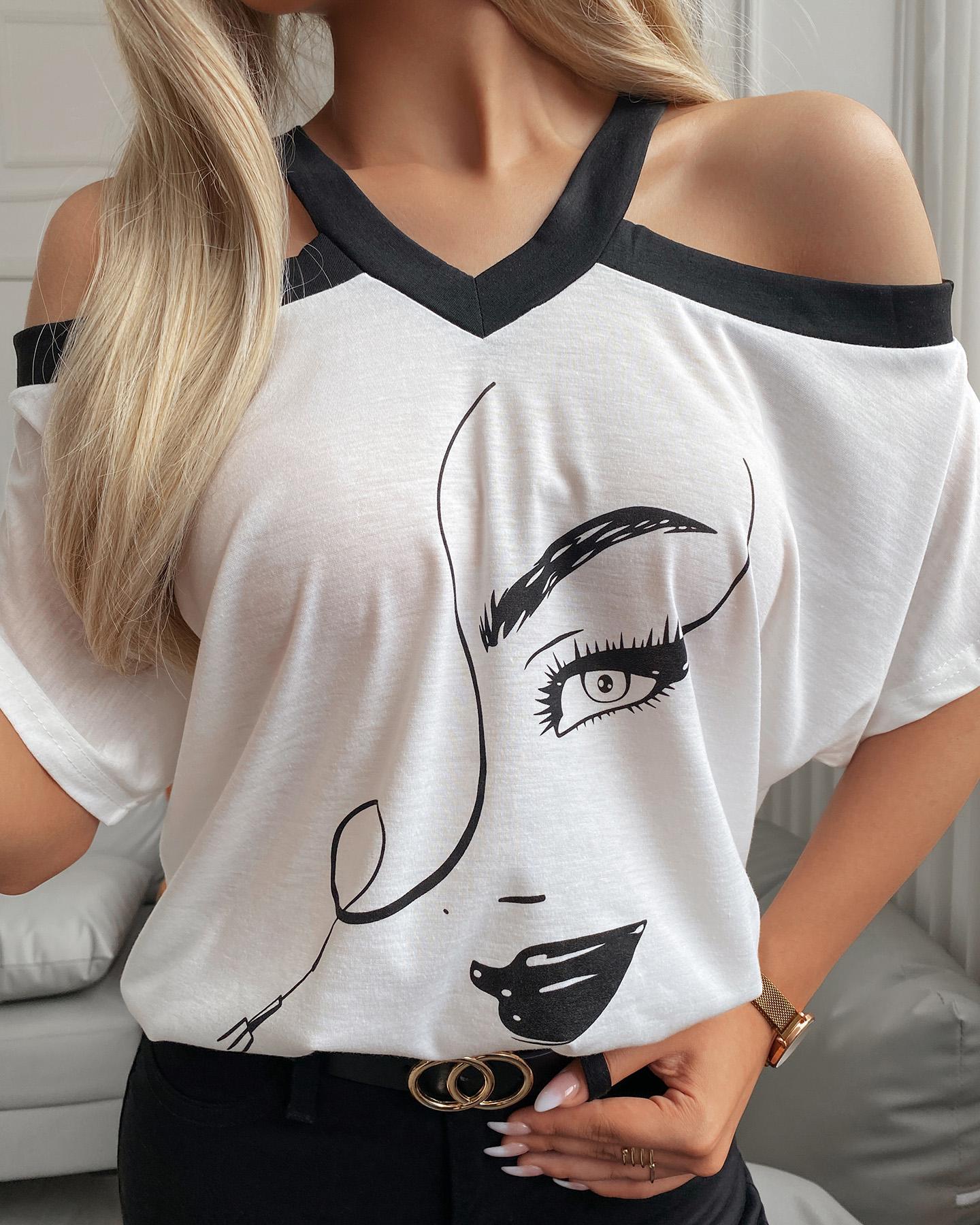 

Cold Shoulder Figure Print T-shirt, White