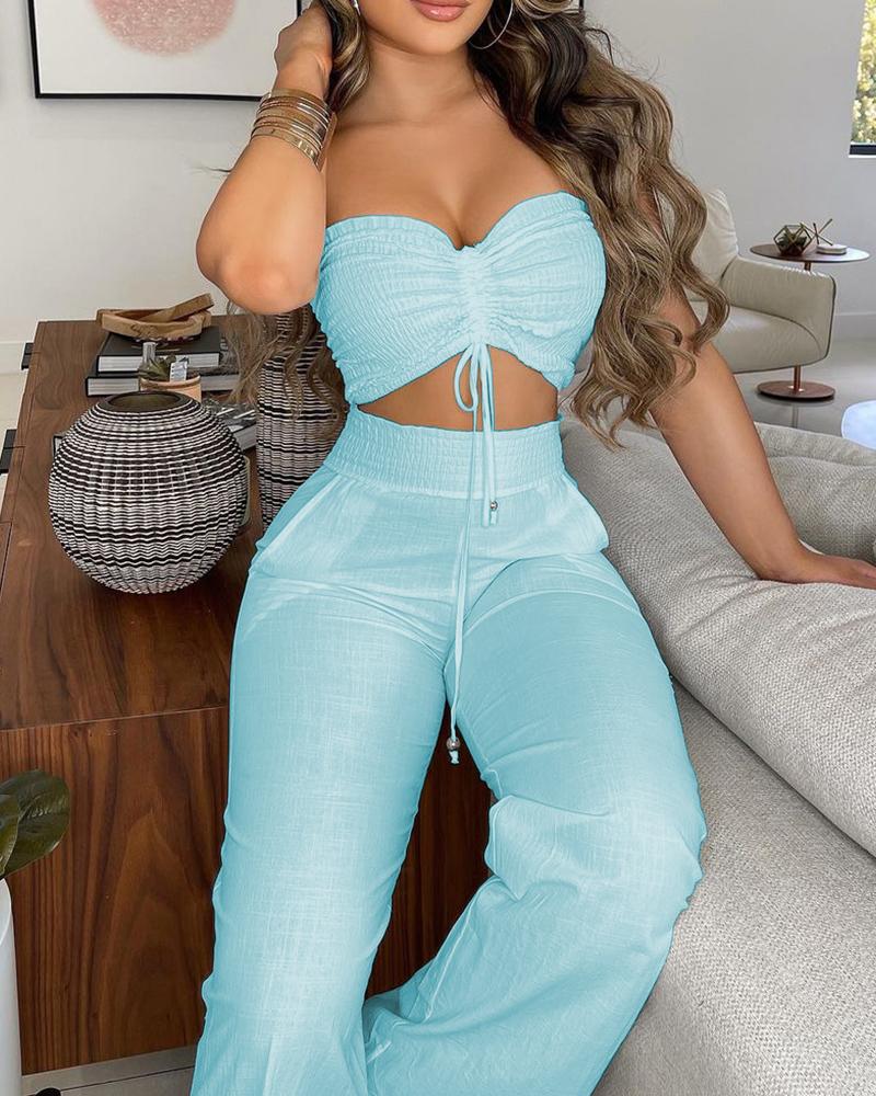 

Drawstring Bandeau Top & Shirred High Waist Pants Sets, Blue