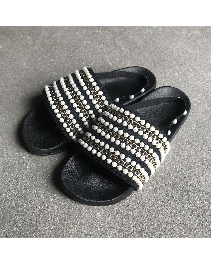 

Beaded Upper Open-toe Flat Sandals, Black