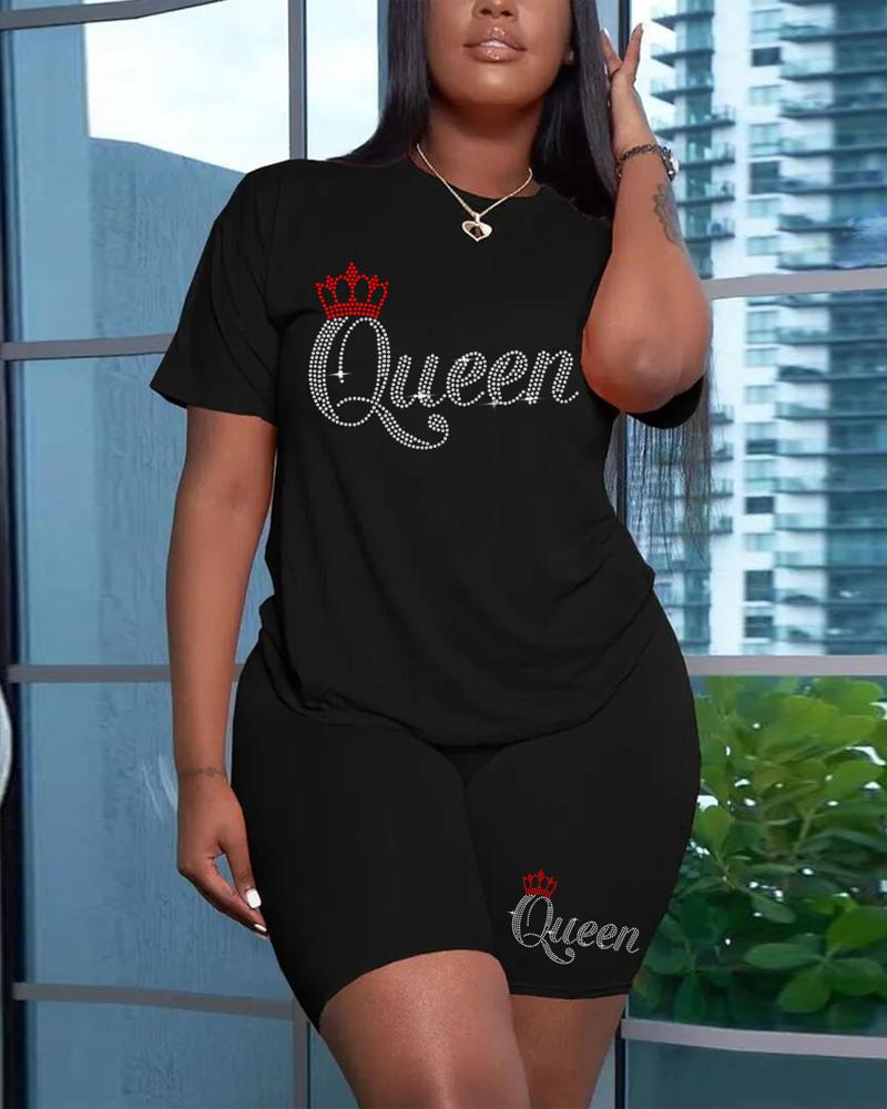 

Plus Size Rhinestone Letter Pattern Casual Top & Shorts Set, Black