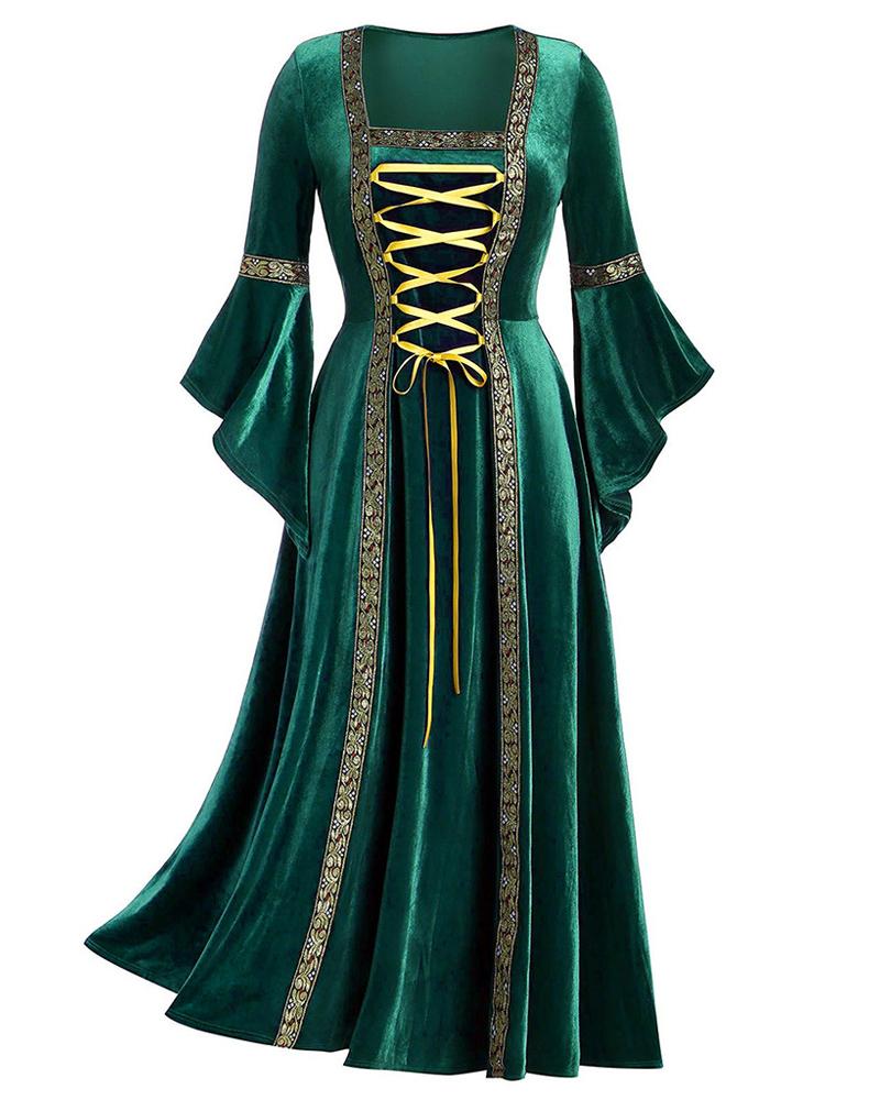 

Halloween Vintage Renaissance Costume Women Gothic Witch Cosplay Medieval Dress Velvet Queen Dresses, Green