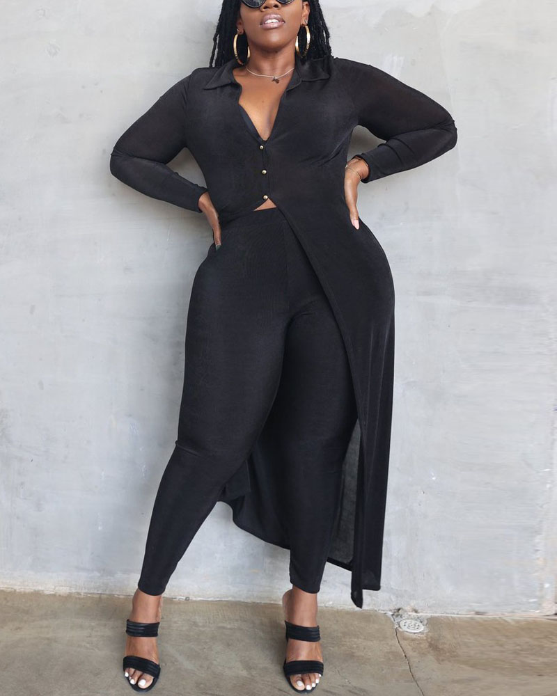 

Velvet Button Front Longline Cardigan & Pants Set, Black