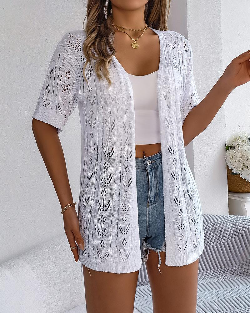 

Hollow Out Open Front Knit Cardigans, White