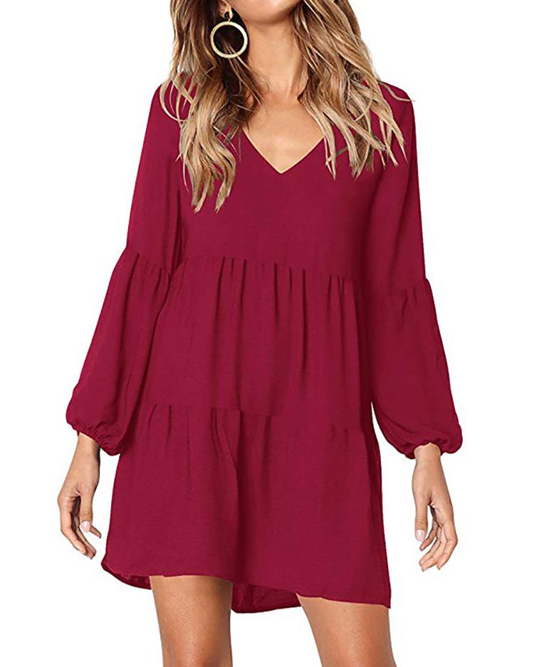 

Solid V-Neck Long Sleeve Casual Dress, Red