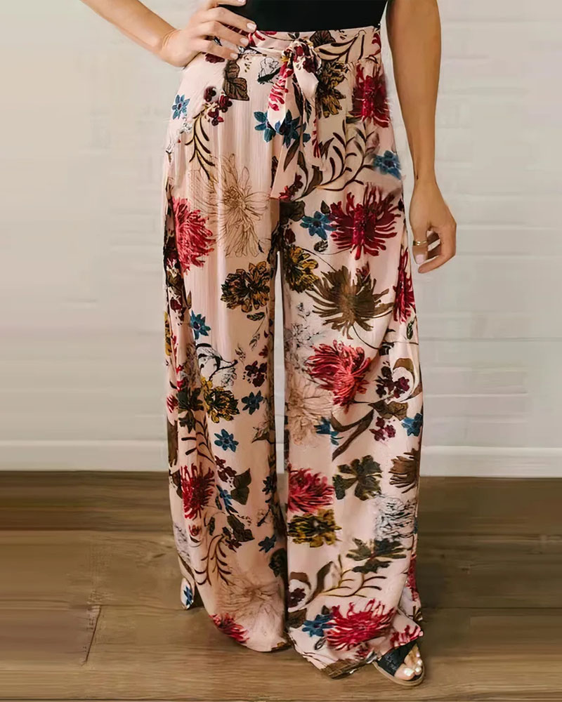 

Tropical Print Tied Detail Wide Leg Pants, Pink