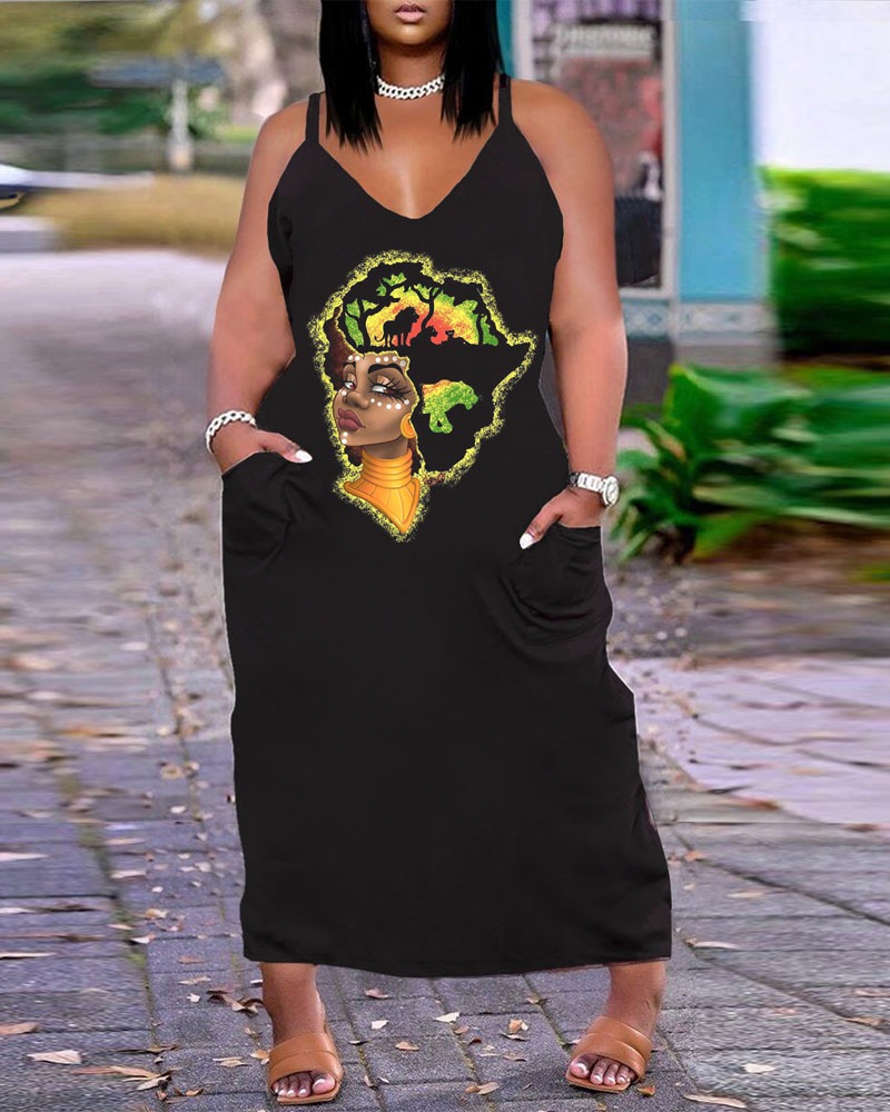 

Plus Size Figure Print Pocket Detail Maxi Dress, Black