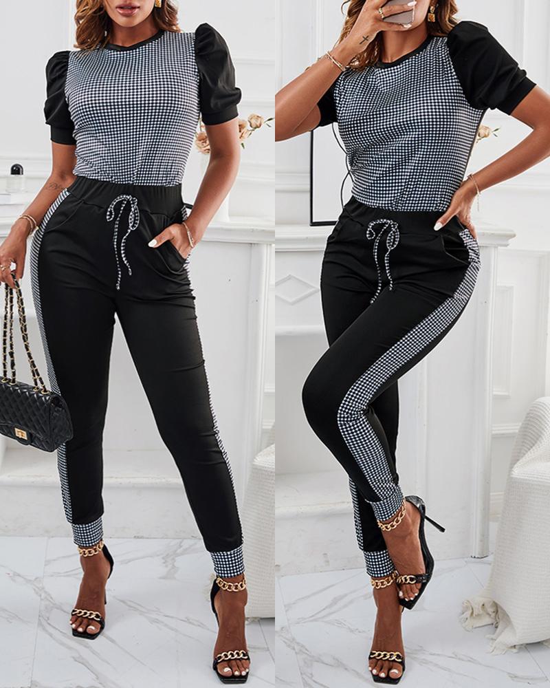 

Plaid Print Puff Sleeve Top & Drawstring Pants Set, Black