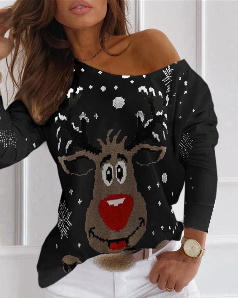 

Christmas Moose Print Long Sleeve T-shirt, Black