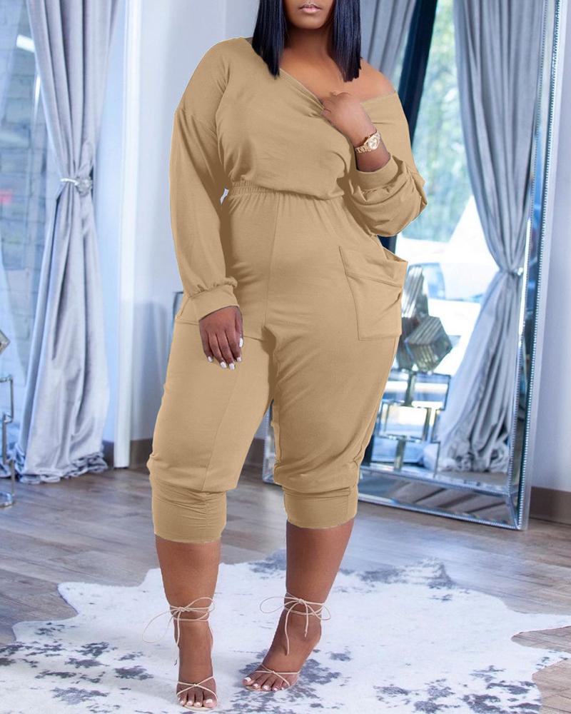 

Long Sleeve Round Neck Pocket Design Jumpsuit, Khaki