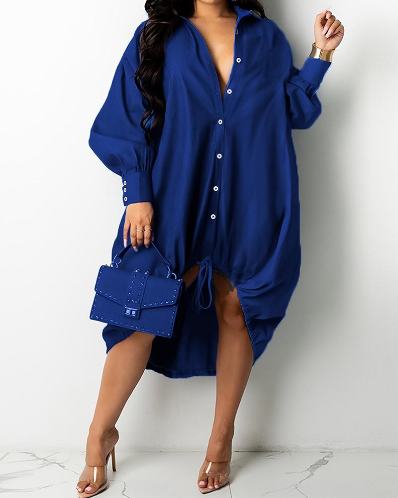 

Plus Size Long Sleeve Dip Hem Buttoned Shirt Dress, Dark blue
