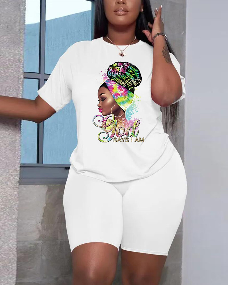 

Plus Size Figure Letter Print Casual Top & Shorts Set, White