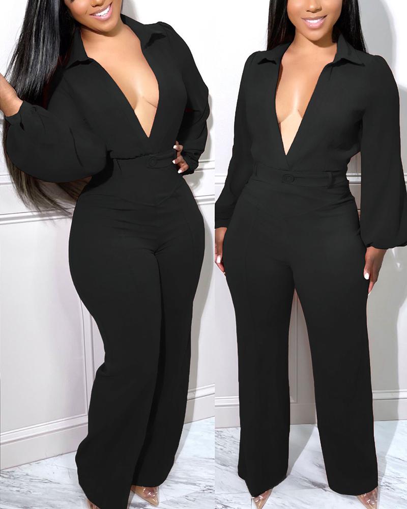 

Lantern Sleeve Plunge Wide Leg Jumpsuit, Black