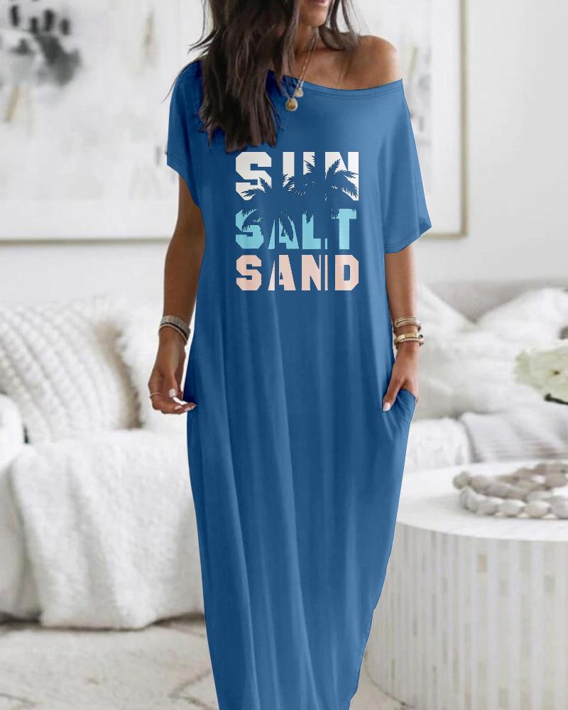 

Vestido longo com estampa de letras, ombro vazado, manga curta, casual, bolso, design, solto, ajuste, Blue