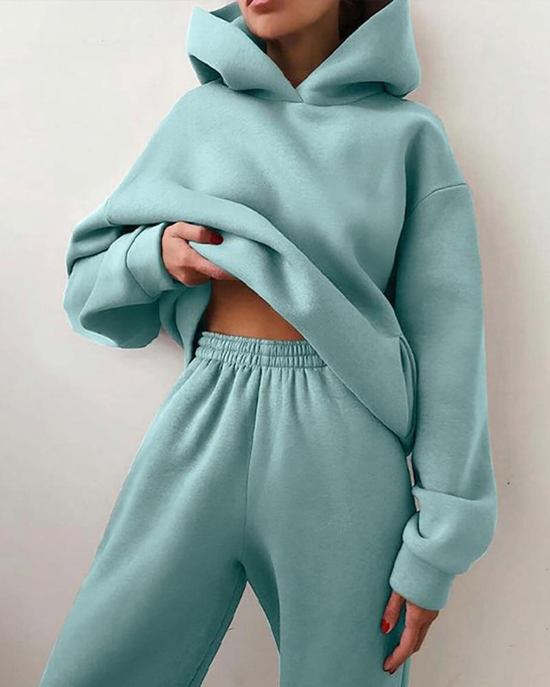 

Long Sleeve Casual Hoodie & High Waist Pants Set, Light blue