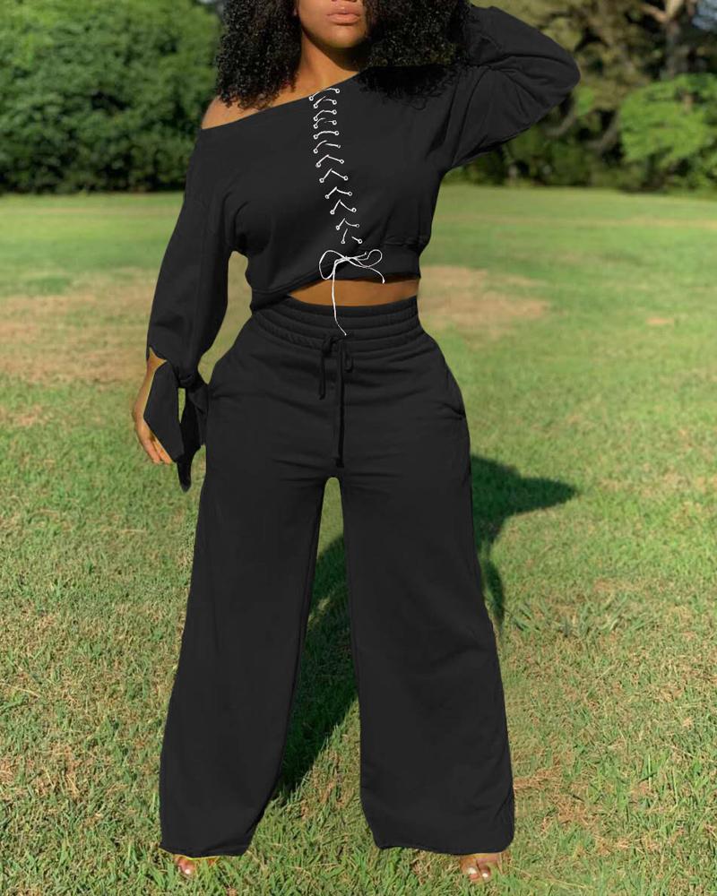 

Grommet Eyelet Lace-Up Knot Cuff Top & Pants Set, Black