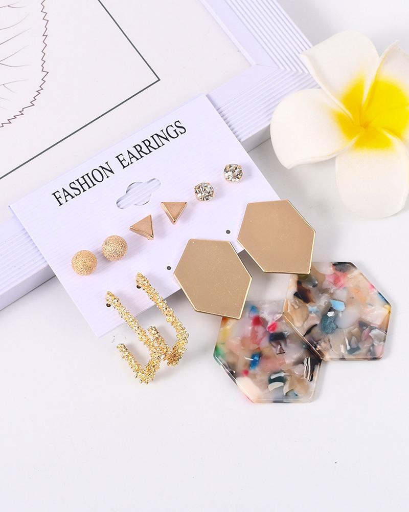 

6Pair Geometric Pattern Earrings Set, Gold