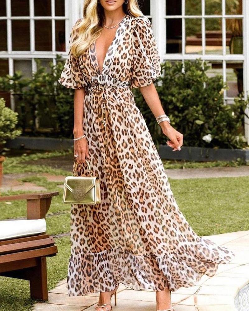

Leopard Print Short Sleeve Plunge Maxi Dress