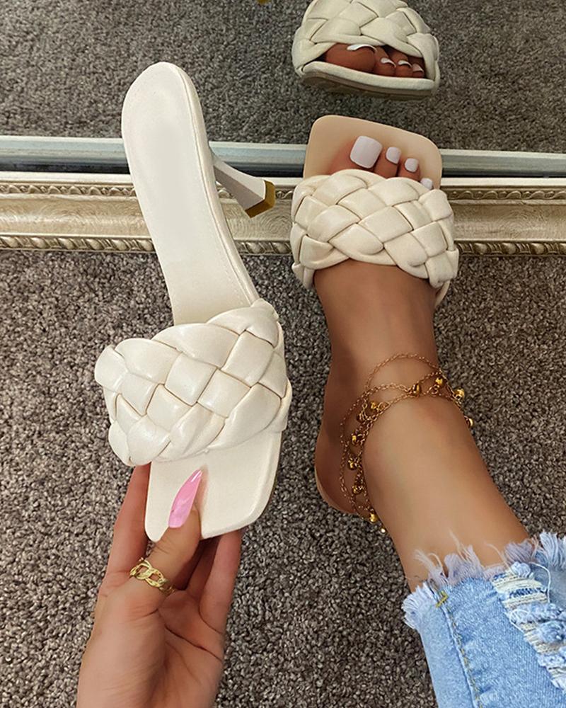 

Square-toe Solid Color Weave Strap Open-toe High Heels, Beige