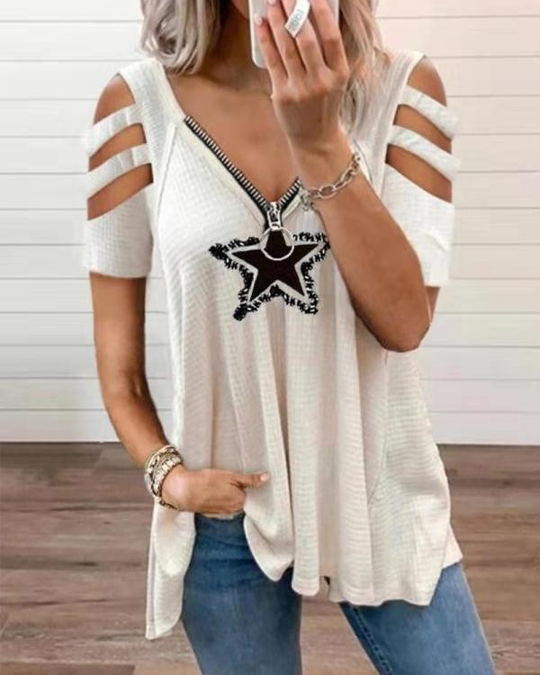 

Star Patch Short Sleeve Cut-out Loose T-shirts, White