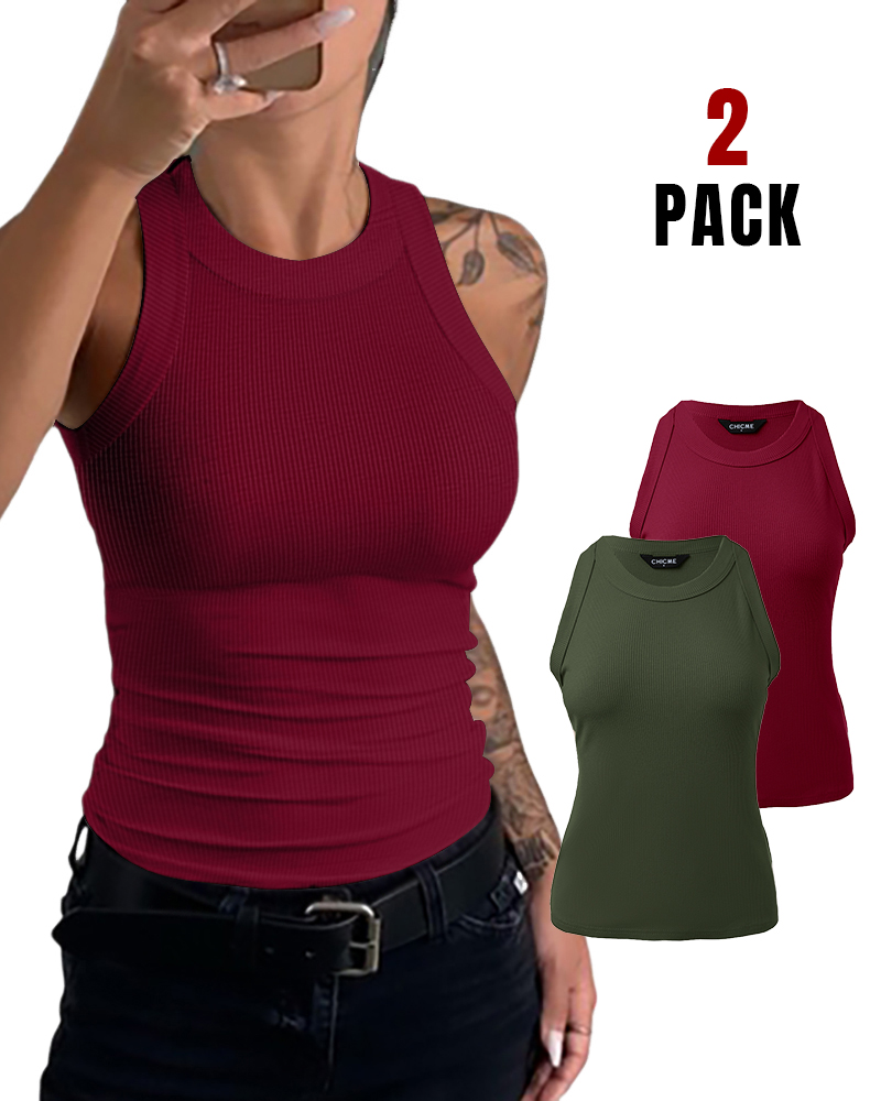 

Paquete de 2 camisetas sin mangas ajustadas con cuello redondo, tirantes gruesos y espalda cruzada acanalada sin copas para sujetador, Style5
