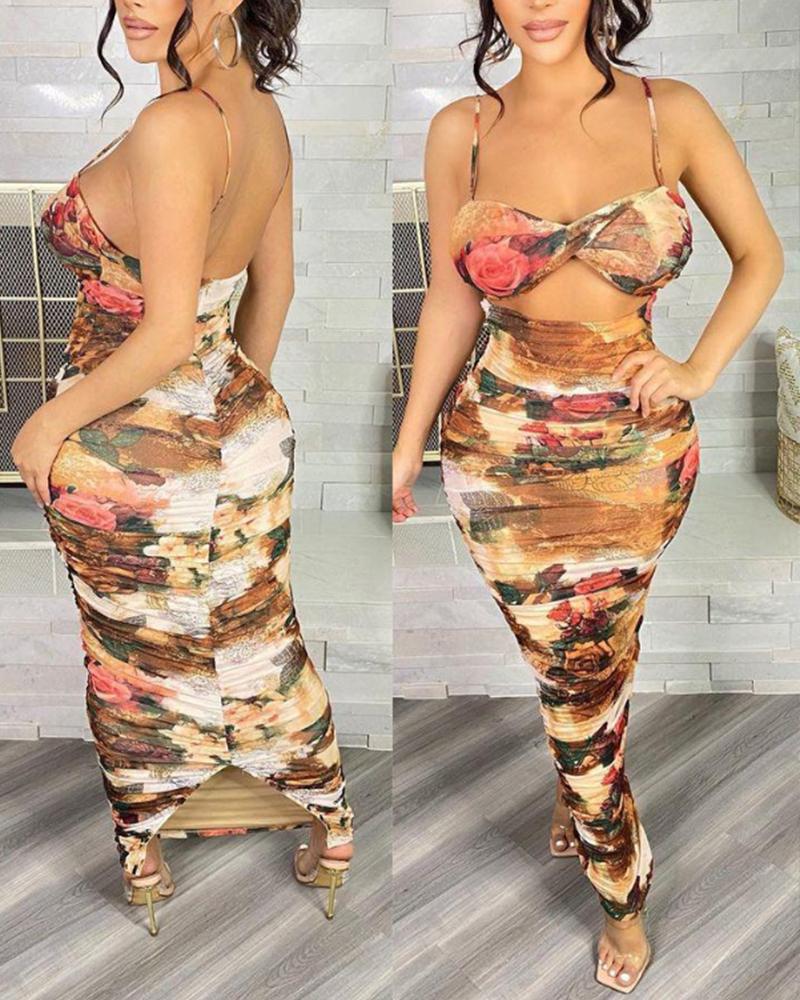 

Allover Print Twisted Cutout Front Backless Dress, Multicolor