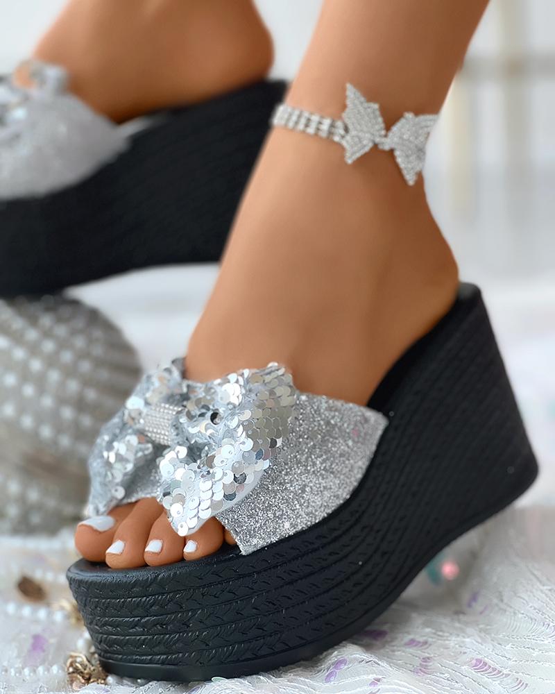 

Sequin Rhinestone Decor Bowknot Pattern Wedge Shoes, Silver